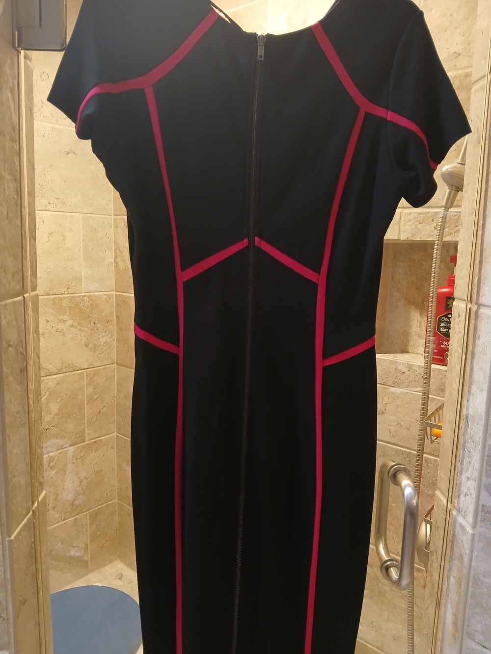 Felicity & Coco Black Midi Dress with Pink Piping